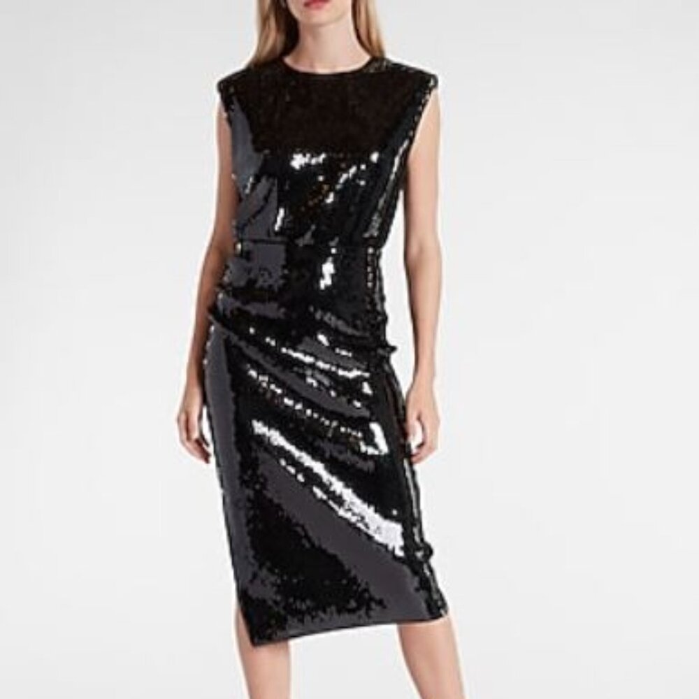 Chic midi length black fully sequined dress size S new with tags